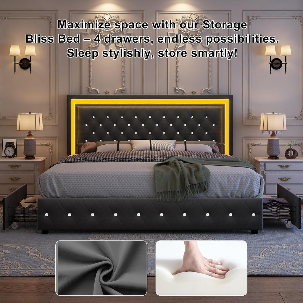 GEGOFORU Full Bed Frame with LED Lights, Storage Drawers, No Box Spring Needed, 900 lbs Capacity, Easy Assembly, Velvet Grey