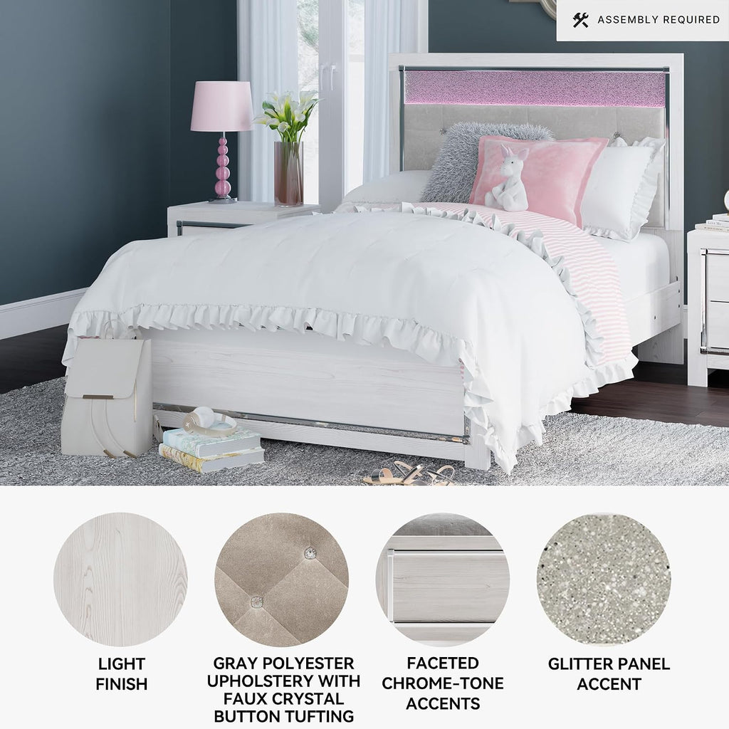 Signature Design by Ashley Altyra Contemporary Adjustable Tufted Full Upholstered Panel Bed with LED Lights and Metal Slats, Foundation or Box Spring Needed, White & Gray