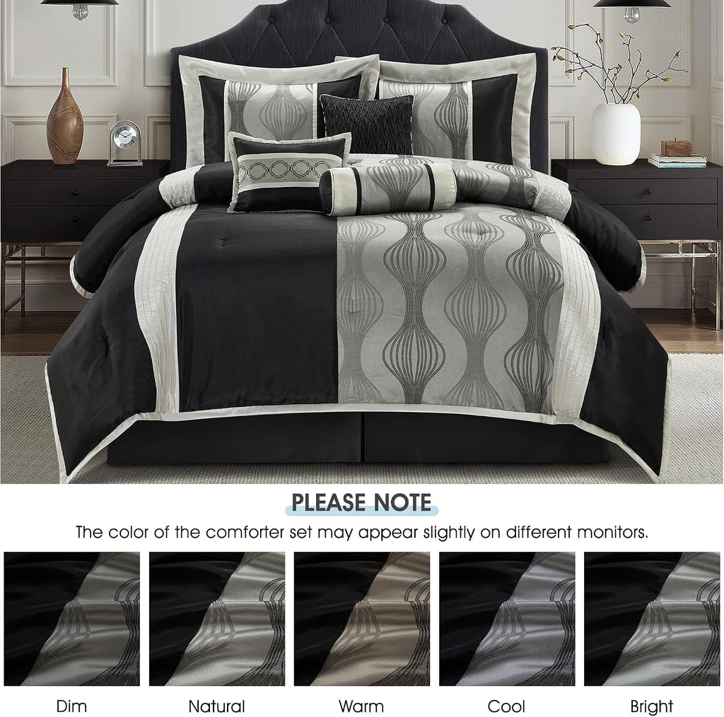 LANCO MODERN LIFESTYLE King Comforter Set, Black Silver, 7 Pieces Bed in a Bag, Ultra Soft Jacquard with Solid Piecework, Luxury Bed Set with Comforters, Bed Skirt, Pillow Shams and Decorative Pillows