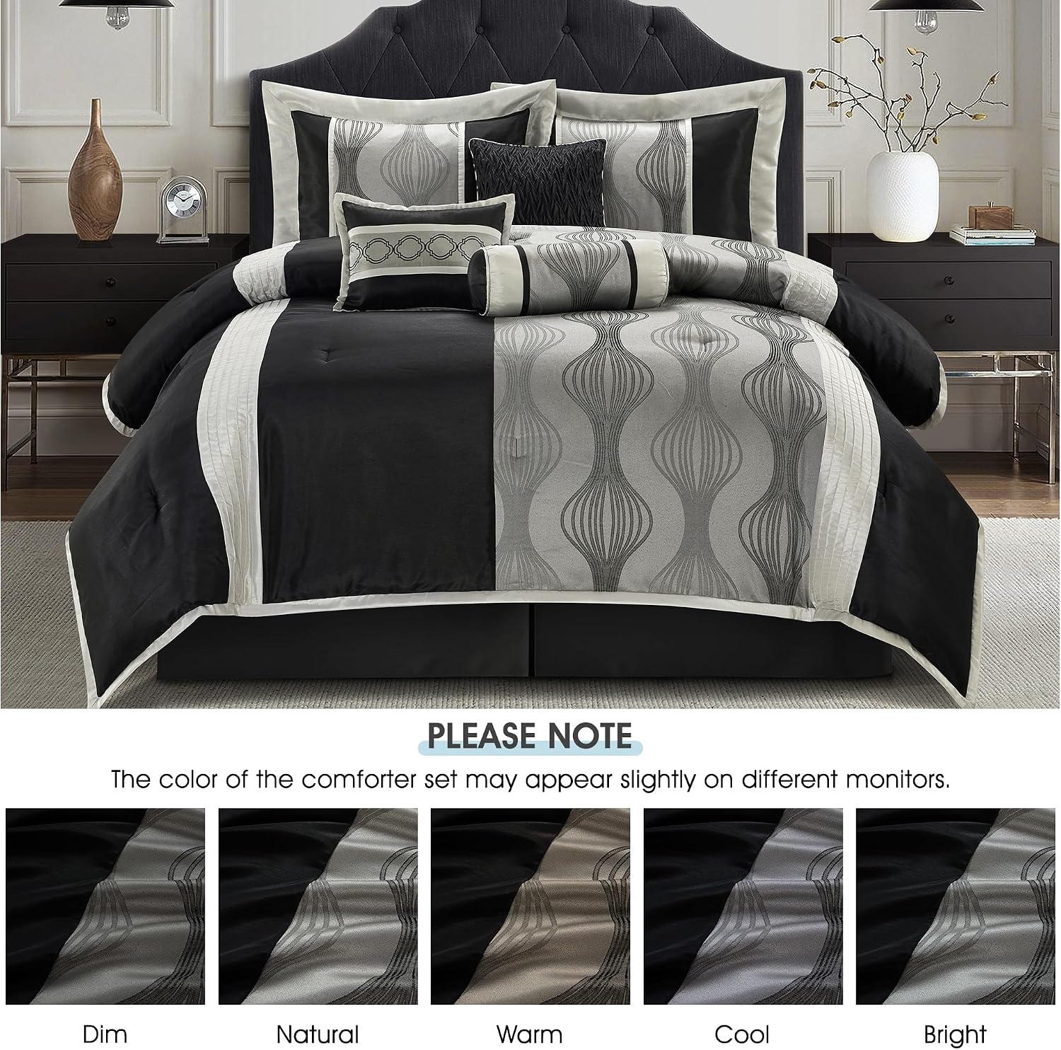 LANCO MODERN LIFESTYLE King Comforter Set, Black Silver, 7 Pieces Bed in a Bag, Ultra Soft Jacquard with Solid Piecework, Luxury Bed Set with Comforters, Bed Skirt, Pillow Shams and Decorative Pillows