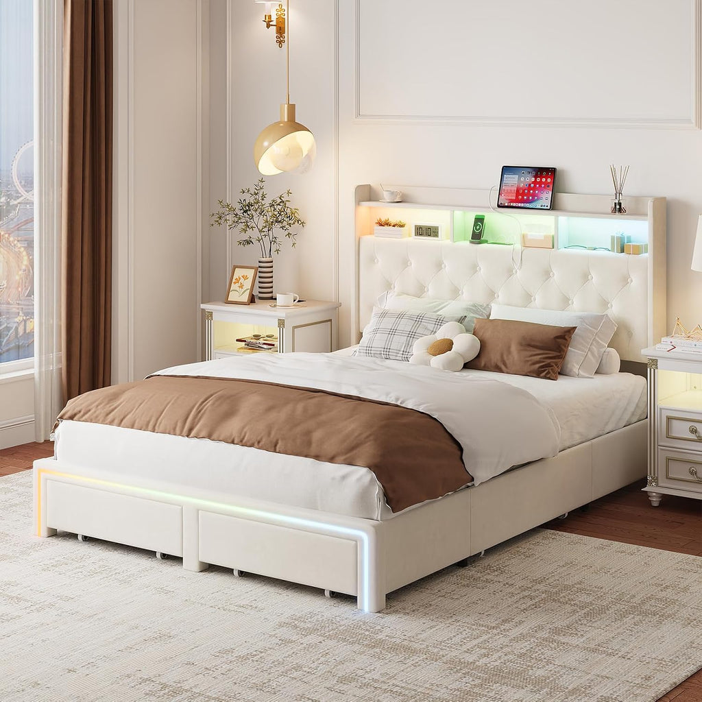 Full LED Bed Frame with Storage Headboard & Charging Station, Velvet Fabric Platform Bed Frames with 4 Drawers, Button Tufted Upholstered, No Box Spring Needed, Noise Free, Beige
