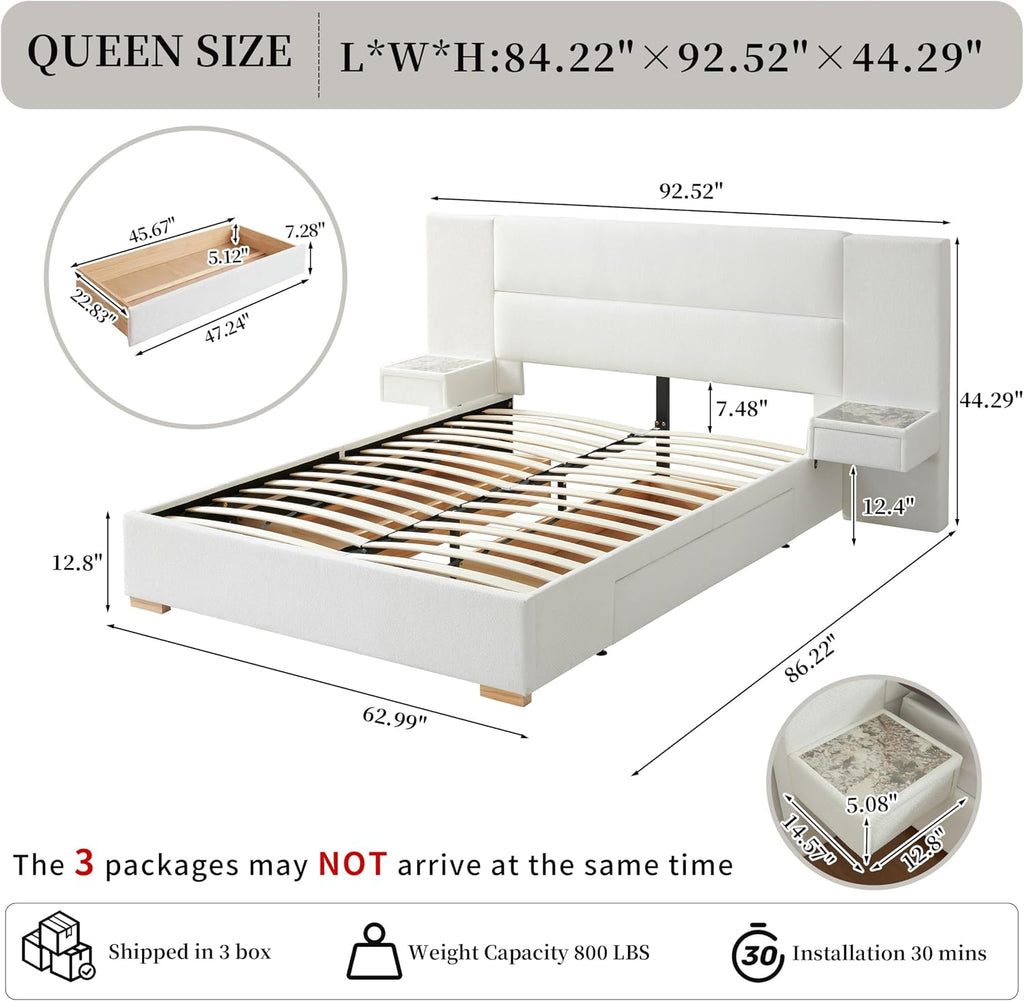 Queen Size Upholstered Platform Bed Frame with 2 Side Storage Drawers & Built-in Nightstands, Linen Headboard, Sturdy Metal Frame, Noise-Free, No Box Spring Needed, White