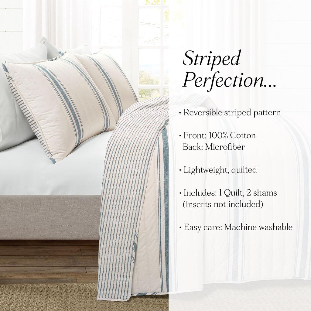 Lush Decor Farmhouse Stripe Reversible Cotton Quilt King Size 3 Piece Set Blue - Farmhouse Bedding Set King Quilt - Striped Bedding