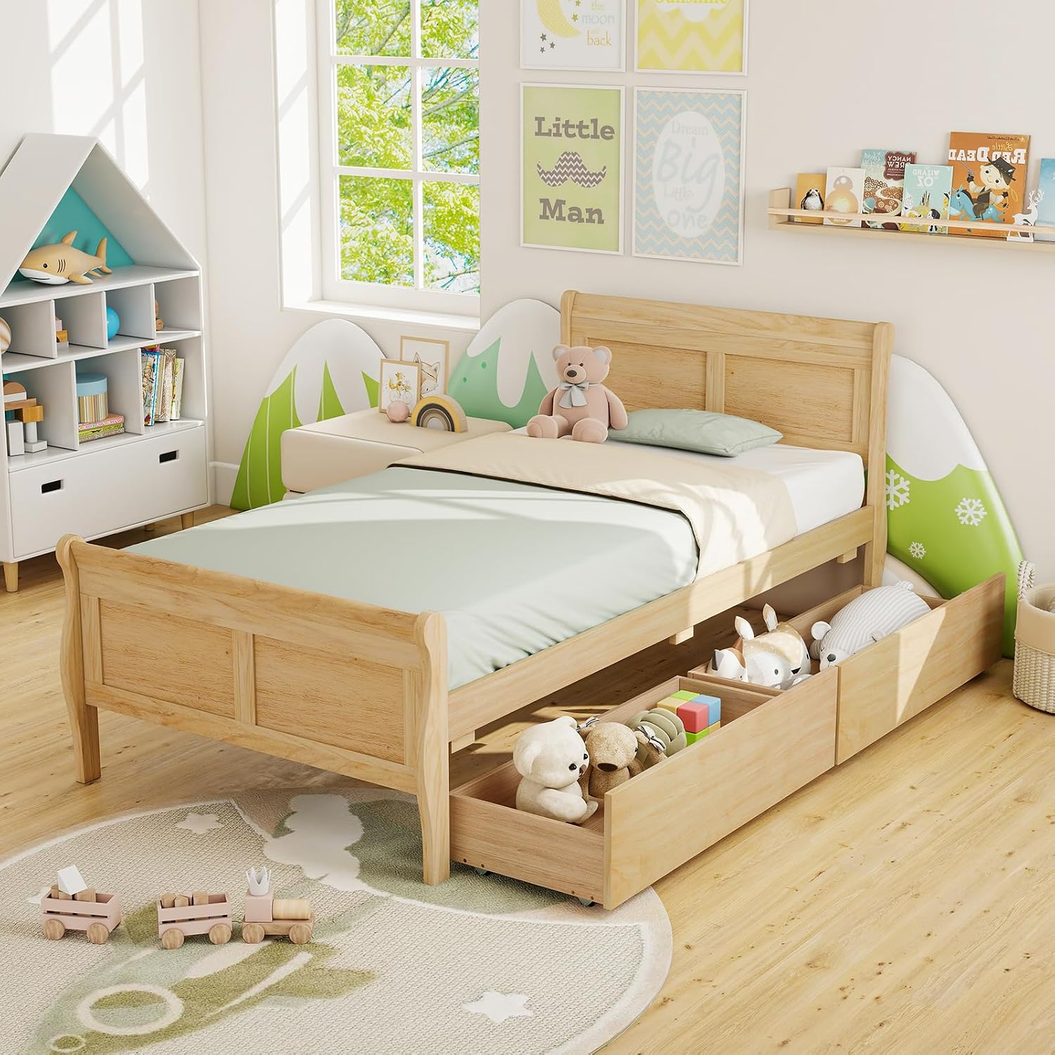 KOMFOTT 2 Twin Bed with 2 Drawers, Twin Storage Bed with Headboard for Bedroom, Sleigh Wood Bed Frame with Wooden Slats Support for Kids, Teens, Adults, No Box Spring Needed (Natural)