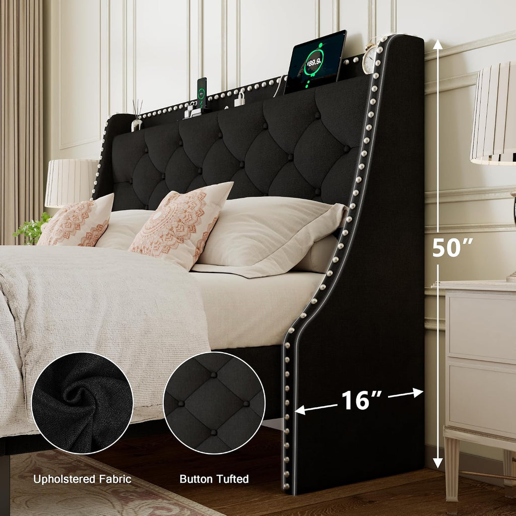 Einhomn Full Size Bed Frame with Wingback Button Tufted Storage Headboard and Type AC Ports, Upholstered Platform Bed, Wooden Slats Support, No Box Spring Needed, Noise-Free, Black