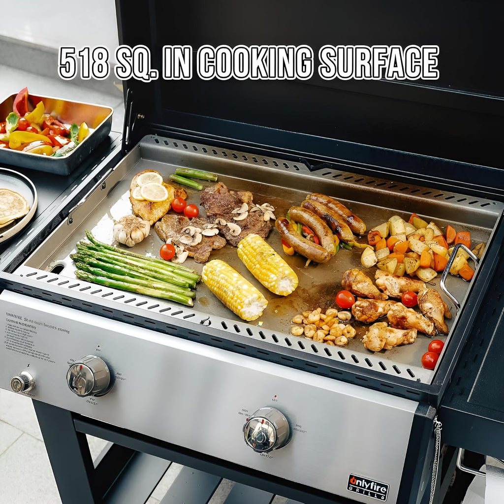 ONLYFIRE GRILLS Heavy Duty Propane Gas Griddle with Grill Cover, Premium 2-Burner Flat Top Gas Griddle with 518 sq.in Cooking Area, Foldable Side Tables, for Outdoor Patio Backyard BBQ Party, GS351