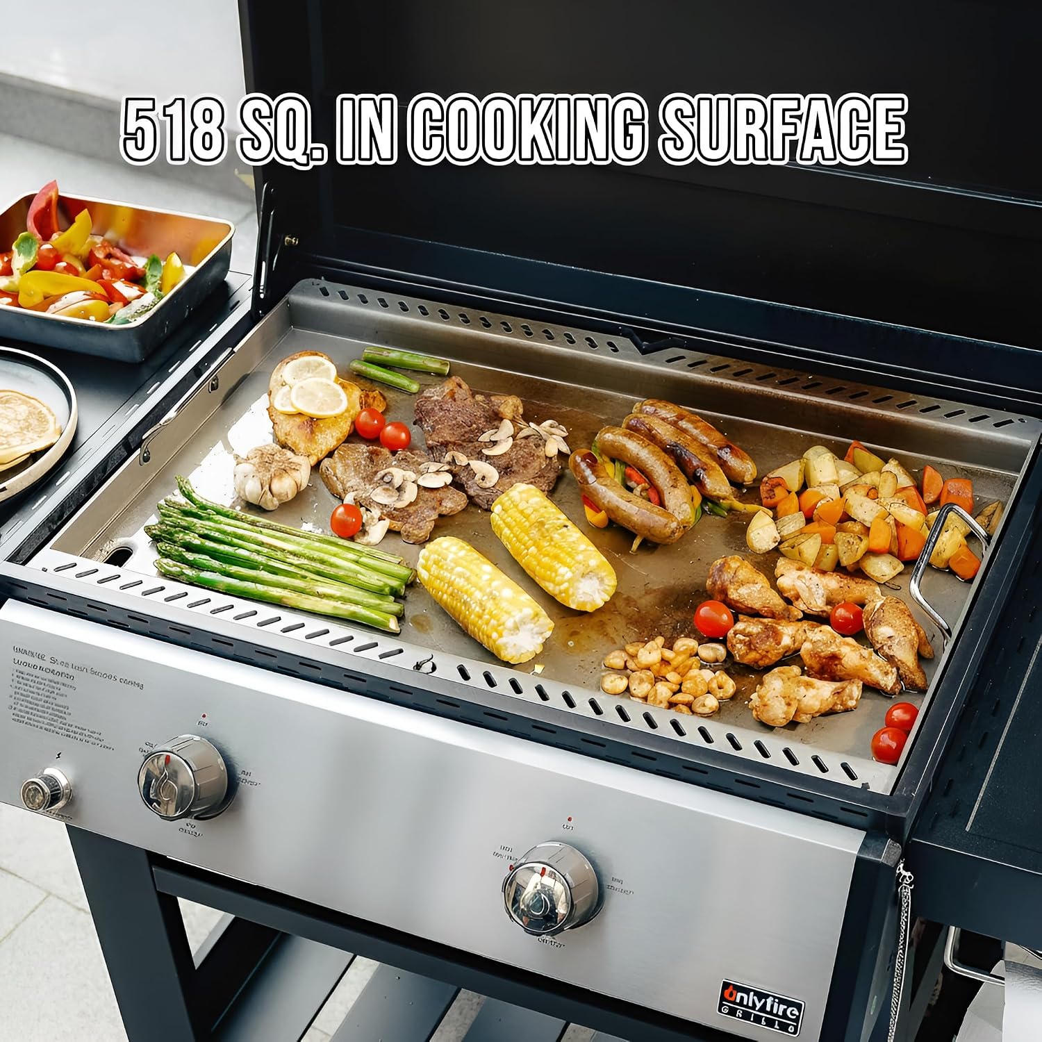 ONLYFIRE GRILLS Heavy Duty Propane Gas Griddle with Grill Cover, Premium 2-Burner Flat Top Gas Griddle with 518 sq.in Cooking Area, Foldable Side Tables, for Outdoor Patio Backyard BBQ Party, GS351
