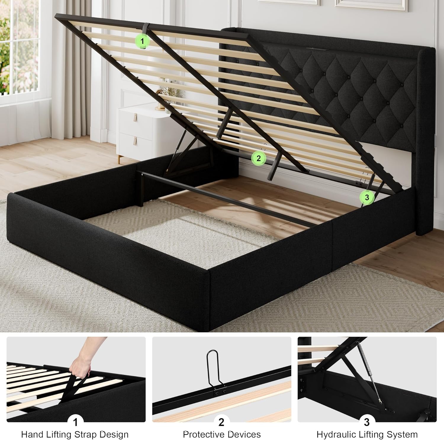 Feonase Full Size Bed Frame with Storage & Charging Station - Hydraulic Lift Up Platform Bed, Upholstered Button Tufted Headboard, Sturdy Wooden Slats, Noise-Free, No Box Spring Needed,Black
