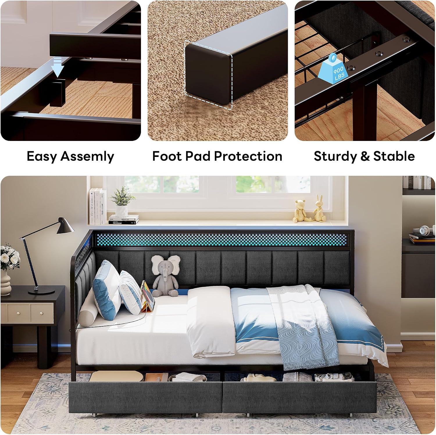 LIKIMIO Twin Corner Bed Frame with Storage Drawers and Charging Station, Modern Twin Daybed with LED Lights and Upholstered Guardrail, Gray