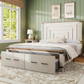 AMERLIFE Farmhouse Full Size Bed Frame with 54' Tall Geometric Headboard & Footboard, Rustic Wood Platform Bed Frame with Large Storage Drawers, Wood Slats Support, No Box Spring Needed, Rustic White