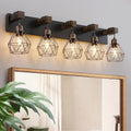 Black Gold Farmhouse Bathroom Light Fixtures, 5-Light Bathroom Lighting Fixtures Over Mirror, Rustic Wood Vanity Lights Wall Sconces with Metal Lampshade for Living Room