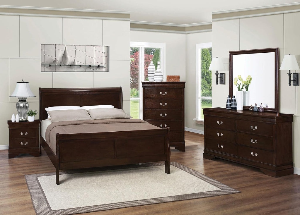 Coaster Home Furnishings Louis Philippe 4-piece Bedroom Set Full Size Traditional Wooden Sleigh Bed Frame 47-Inch Panel Headboard Nightstand Dresser Mirror and Chest Cappuccino Brown 202411F-S5