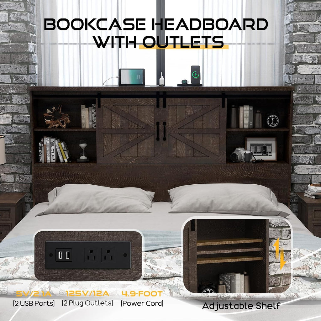 HOWE Farmhouse Queen Size Bed Frame with 51.2' Bookcase Headboard, Wooden Platform Bed with 2 Drawers, Sliding Barn Door Dec, Storage Bed with Charging Station, No Box Spring Needed, Brown