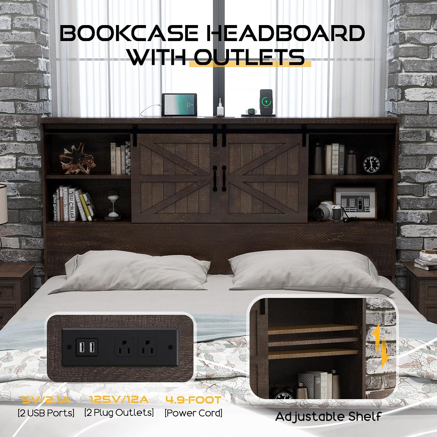 HOWE Farmhouse Queen Size Bed Frame with 51.2' Bookcase Headboard, Wooden Platform Bed with 2 Drawers, Sliding Barn Door Dec, Storage Bed with Charging Station, No Box Spring Needed, Brown
