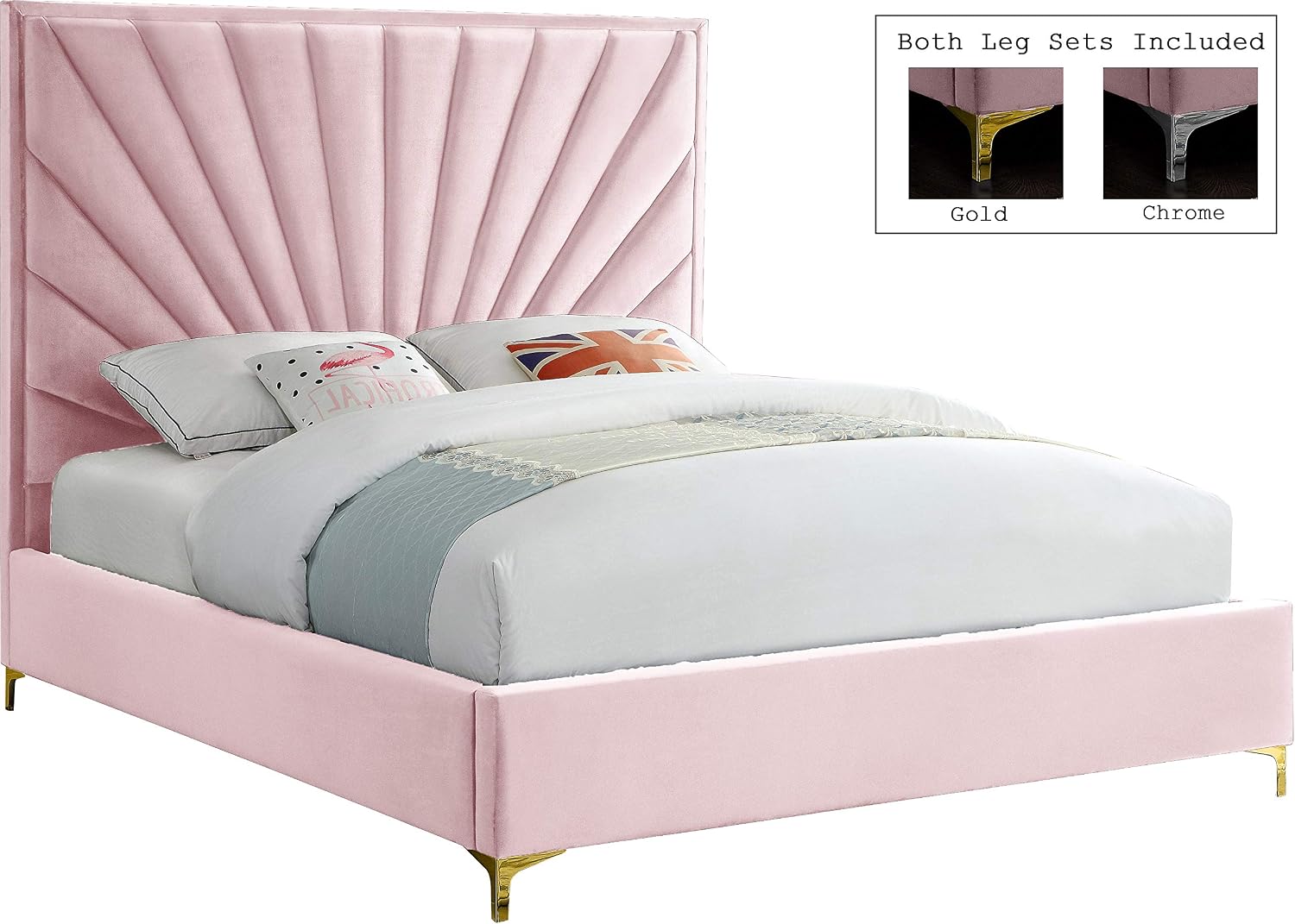 Meridian Furniture Eclipse Collection Modern | Contemporary Velvet Upholstered Bed with Channel Tufted Design and Complete Sets of Gold and Chrome Legs Included, Full, Pink
