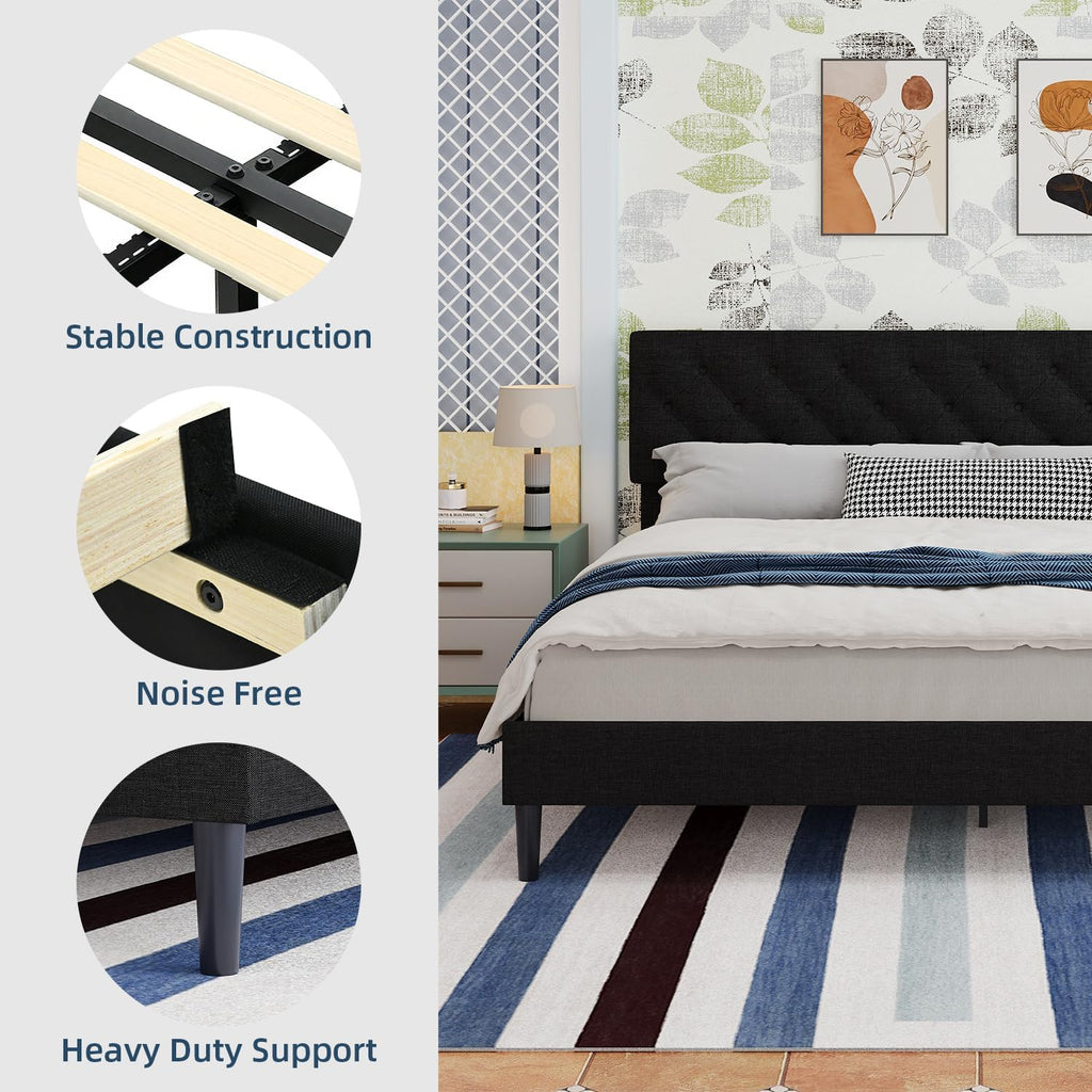 BarnFurin King Bed Frame, Upholstered Platform Bed with Button Tufted Headboard, Fabric Bed Frame with Wooden Slats Support, No Box Spring Required, Easy Assembly, Black