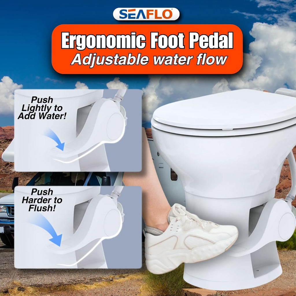 SEAFLO Porcelain RV Toilet with Sprayer Attachment - Elongated Bowl 19' Inch Residential Height, Gravity Flush, Foot Pedal Soft Close Seat Camper Motorhome Easy Install 4 -year Warranty SFRTCH-02-02