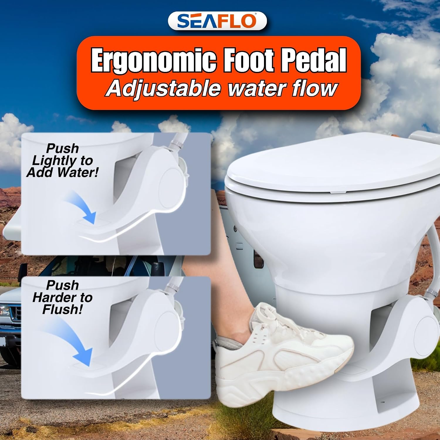 SEAFLO Porcelain RV Toilet with Sprayer Attachment - Elongated Bowl 19' Inch Residential Height, Gravity Flush, Foot Pedal Soft Close Seat Camper Motorhome Easy Install 4 -year Warranty SFRTCH-02-02