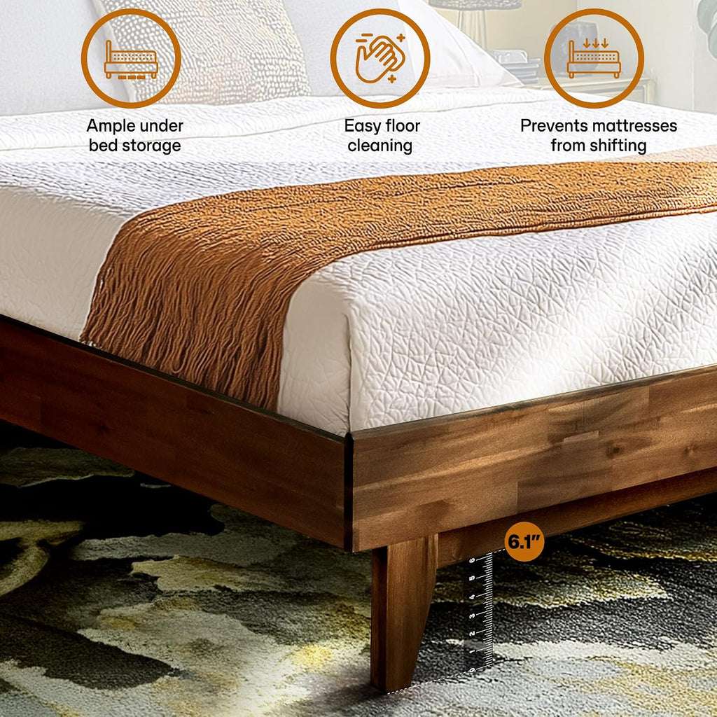 Acacia Aurora Wooden Bed with Headboard, Queen Size Bed Frame, 800lbs Capacity Wood Bed Compatible with All Mattress Types, Non-Slip & Noise-Free, Wood Slats Support, Easy Assembly, Chocolate.