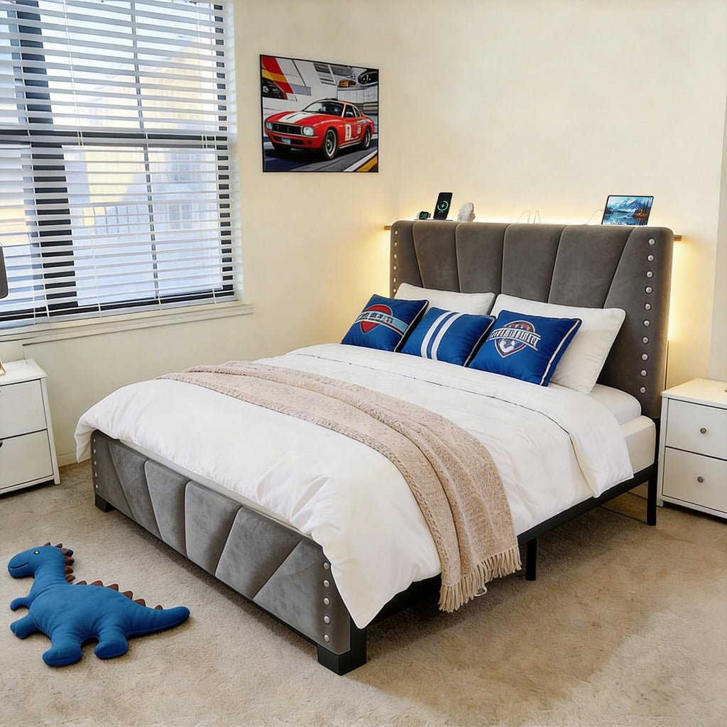 EnHomee Twin Platform Bed Frame with Velvet Upholstered Adjustable Headboard, LED Lights, and Charging Station for Bedroom, Apartment, and Dorm, No Box Spring Needed, Noise-Free, Easy Assembly, Gray
