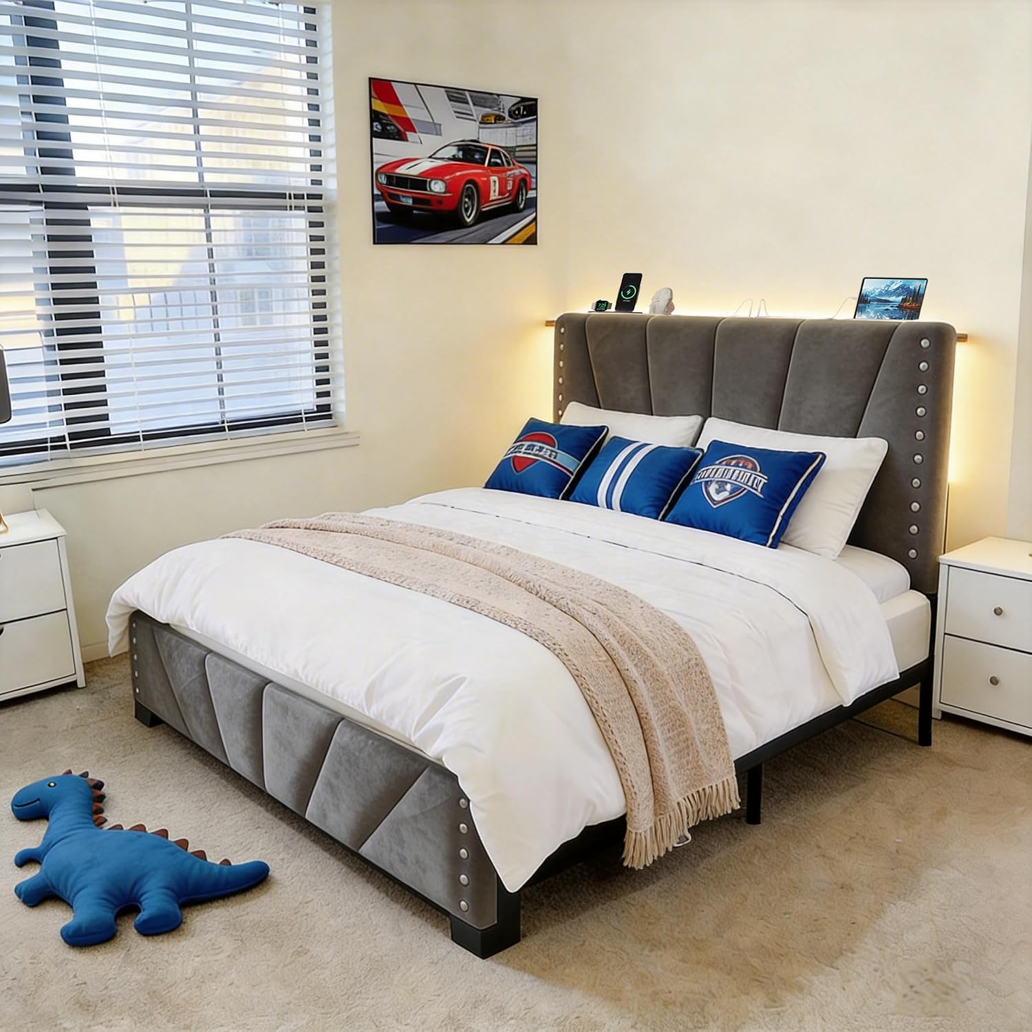 EnHomee Twin Platform Bed Frame with Velvet Upholstered Adjustable Headboard, LED Lights, and Charging Station for Bedroom, Apartment, and Dorm, No Box Spring Needed, Noise-Free, Easy Assembly, Gray