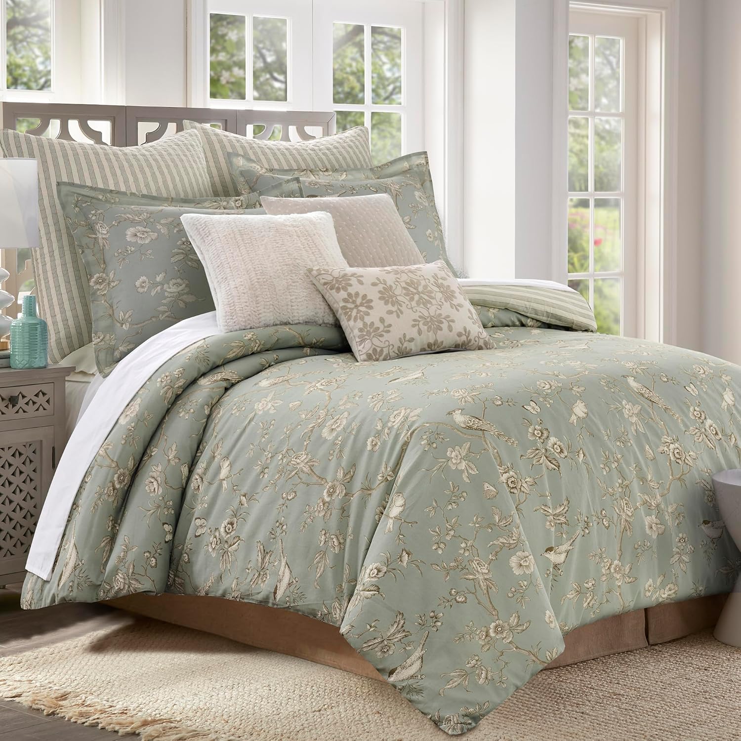 Levtex Home - Lyon Teal Comforter Set - Twin Comforter (68x88in) and 1 Standard Sham (20x26in) - Toile Bird Floral Design - Teal - Reversible - Cotton