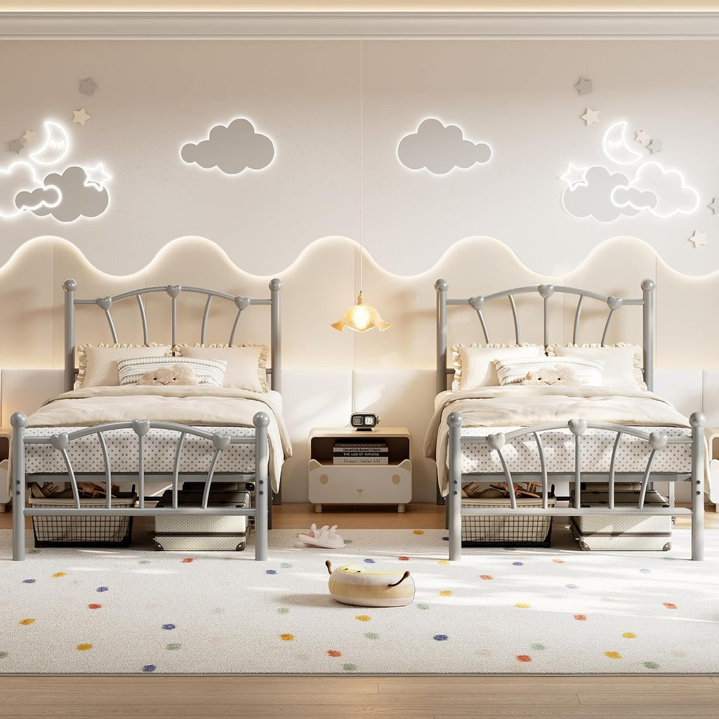 GarveeHome Twin Size Bed Frame, Heart Shaped Metal Bed Frame with Headboard and Footboard, Platform Bed Frame with Sturdy Slat Support, Underbed Storage Space, No Box Spring Needed, Grey