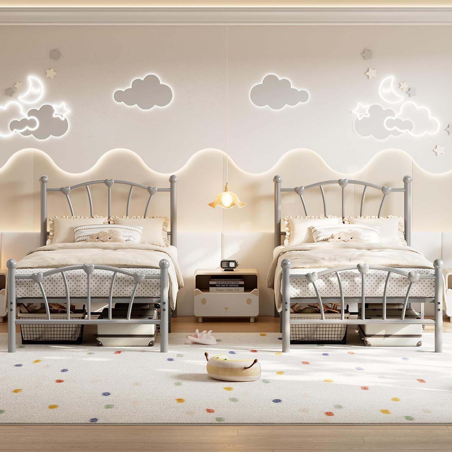 GarveeHome Twin Size Bed Frame, Heart Shaped Metal Bed Frame with Headboard and Footboard, Platform Bed Frame with Sturdy Slat Support, Underbed Storage Space, No Box Spring Needed, Grey