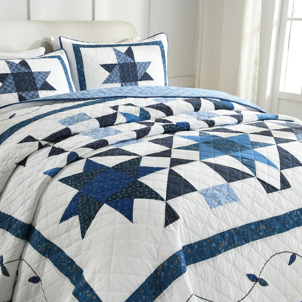 Secgo Handmade Quilted 100% Cotton King Comforter Set for Bed - 100% Cotton Quilts King Size, Black Bedspreads (96 * 108 Inch) with 2 Pillow Shams, Patchwork Reversible Lightweight Bedding