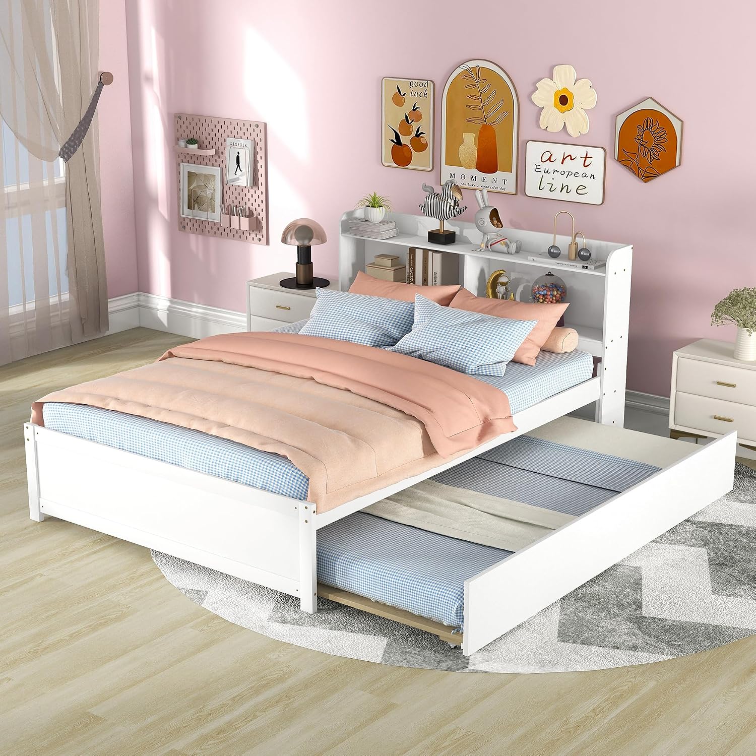 Full Size Bed Frame with Trundle,Captain's Bed Full with Bookcase Headboard for Kids,Trundle Bed with Storage for Kids,Teens,Adults(White)