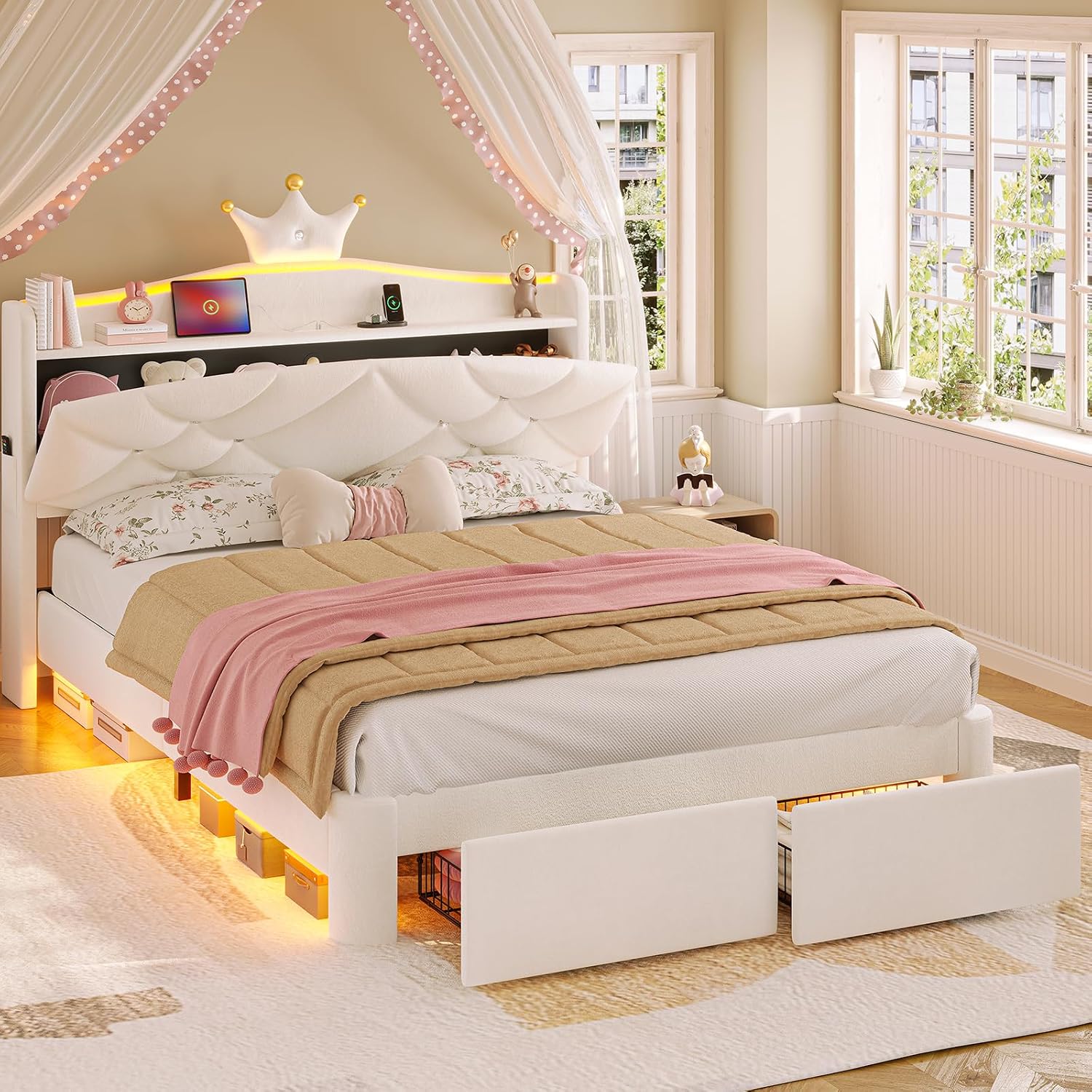 MSmask Full LED Bed Frame with Storage Headboard & 2 Storage Drawers, Princess Upholstered Bed with Charging Station & Crystal Button & Crown, Velvet Platform Bed for Girls, Curved Legs, Cream White