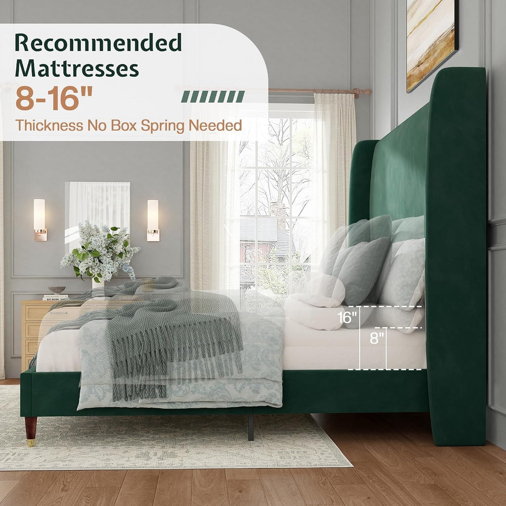 Jocisland Queen Size Bed Frame 51.2' Wingback Headboard Velvet Upholstered Platform Bed with Solid Wood Legs & Wooden Slats, No Box Spring Needed, Modern Minimalist Style, Easy Assembly, Dark Green