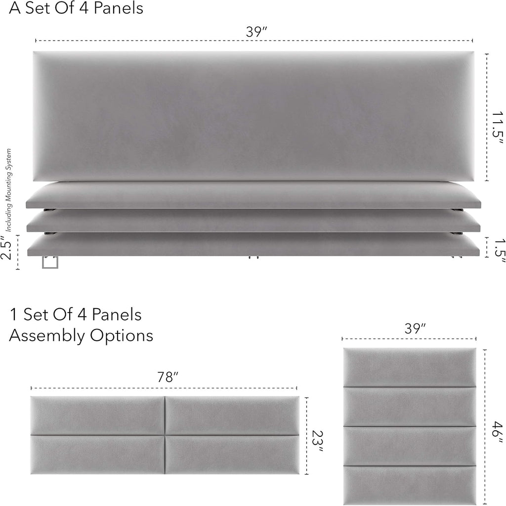 Vänt Upholstered Wall Panels - King/Cal King Size Wall Mounted Velvet Headboards - Velvet Platinum Grey - Twin/King - Set of 4 Panels (Each Individual Panel 39'x11.5')