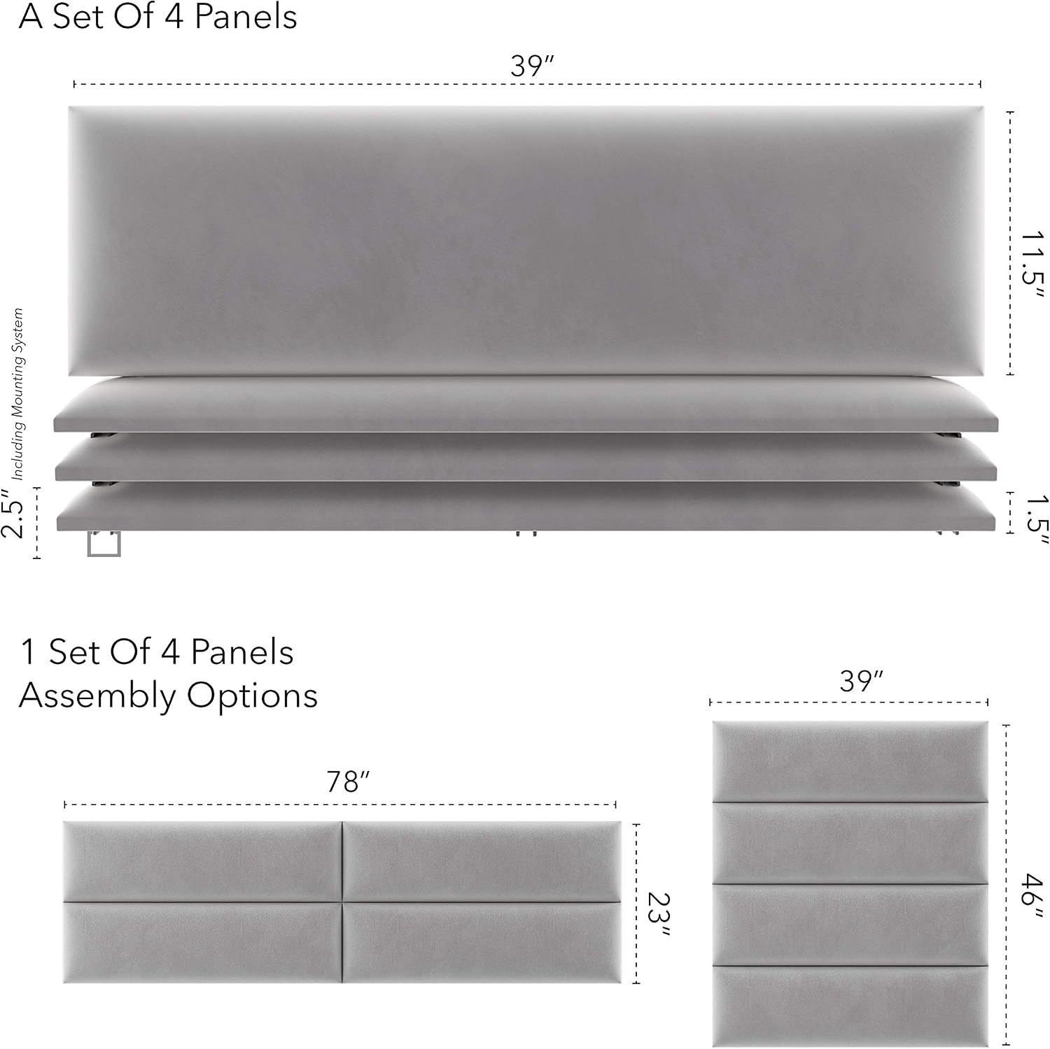 Vänt Upholstered Wall Panels - King/Cal King Size Wall Mounted Velvet Headboards - Velvet Platinum Grey - Twin/King - Set of 4 Panels (Each Individual Panel 39'x11.5')