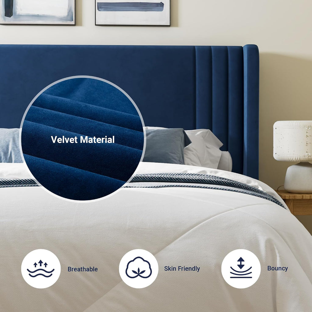 Allewie Full Size Velvet Platform Bed Frame with Vertical Tufted Wingback Headboard, Easy Assembly, Under Bed Storage, No Box Spring Required, Modern Style, Blue