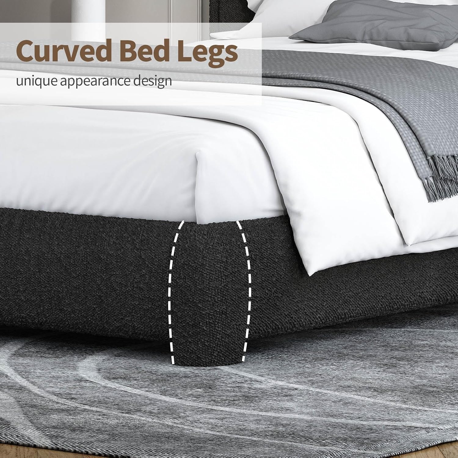 BarnFurin Full Size Bed Frame, Boucle Upholstered Platform Bed Frame with Headboard, Soft Rounded Corners, No Box Spring Required, Non-Slip and Noise-Free, Easy Assembly, Black