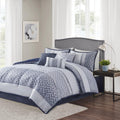 Madison Park Luxury Comforter Set-Traditional Jacquard Design All Season Down Alternative Bedding, Matching Bedskirt, Decorative Pillows, King(104'x92'), Bennett, Geometric Navy 7 Piece