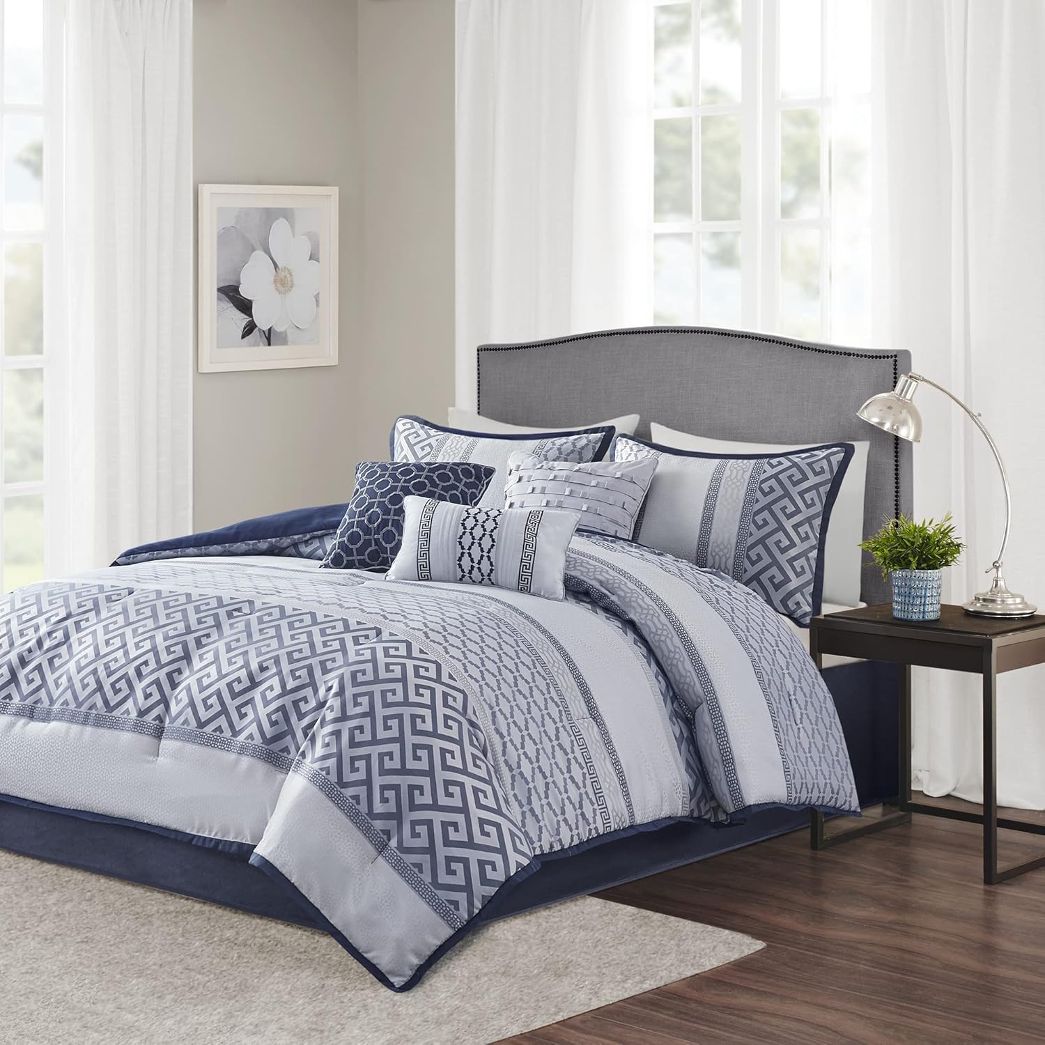 Madison Park Luxury Comforter Set-Traditional Jacquard Design All Season Down Alternative Bedding, Matching Bedskirt, Decorative Pillows, King(104'x92'), Bennett, Geometric Navy 7 Piece