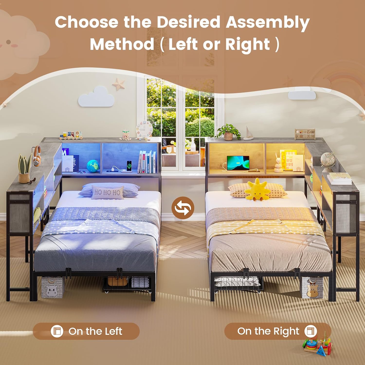 Hasuit Corner Bed Frame Twin with 2 Drawers and Storage Bookcase, Daybed with Charging Station and LED Lights, Metal Platform Bed with Bookshleves,Twin Size Bed Frame for Kids Teens Guests, Oak Gray