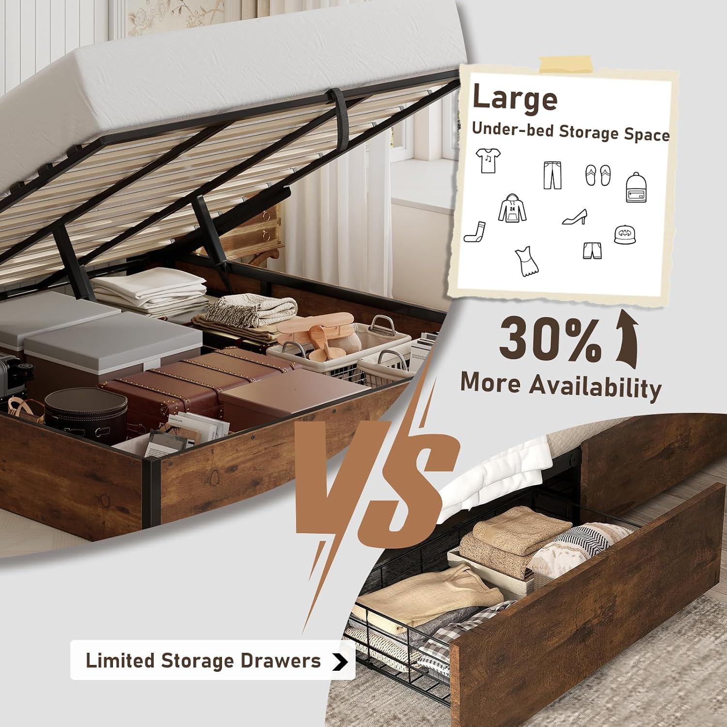 LUXOAK 3 Pieces Bedroom Sets, Includes King Size Lift Up Storage Platform Bed Frame, 2 Drawers Farmhouse Nightstand Set of 2 with Charging Station, No Box Spring Needed, Rustic Brown
