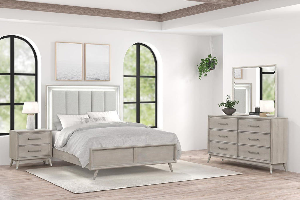 Roundhill Furniture Seluna 4-Piece Bedroom Set with Touch LED Lighting, Gray Oak Finish, Queen