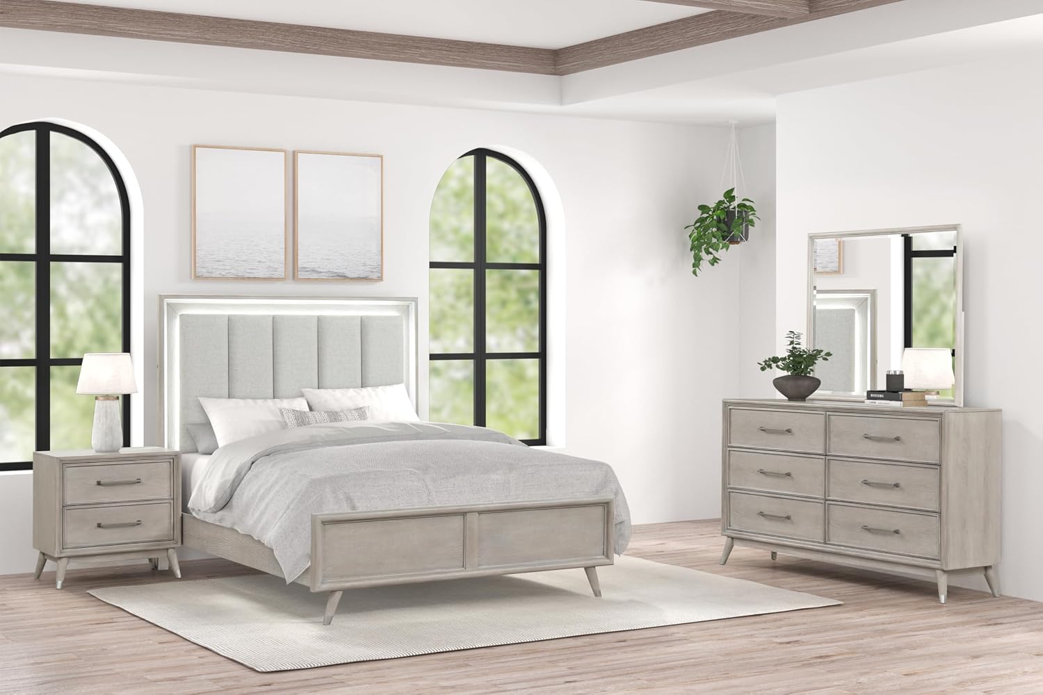 Roundhill Furniture Seluna 4-Piece Bedroom Set with Touch LED Lighting, Gray Oak Finish, Queen
