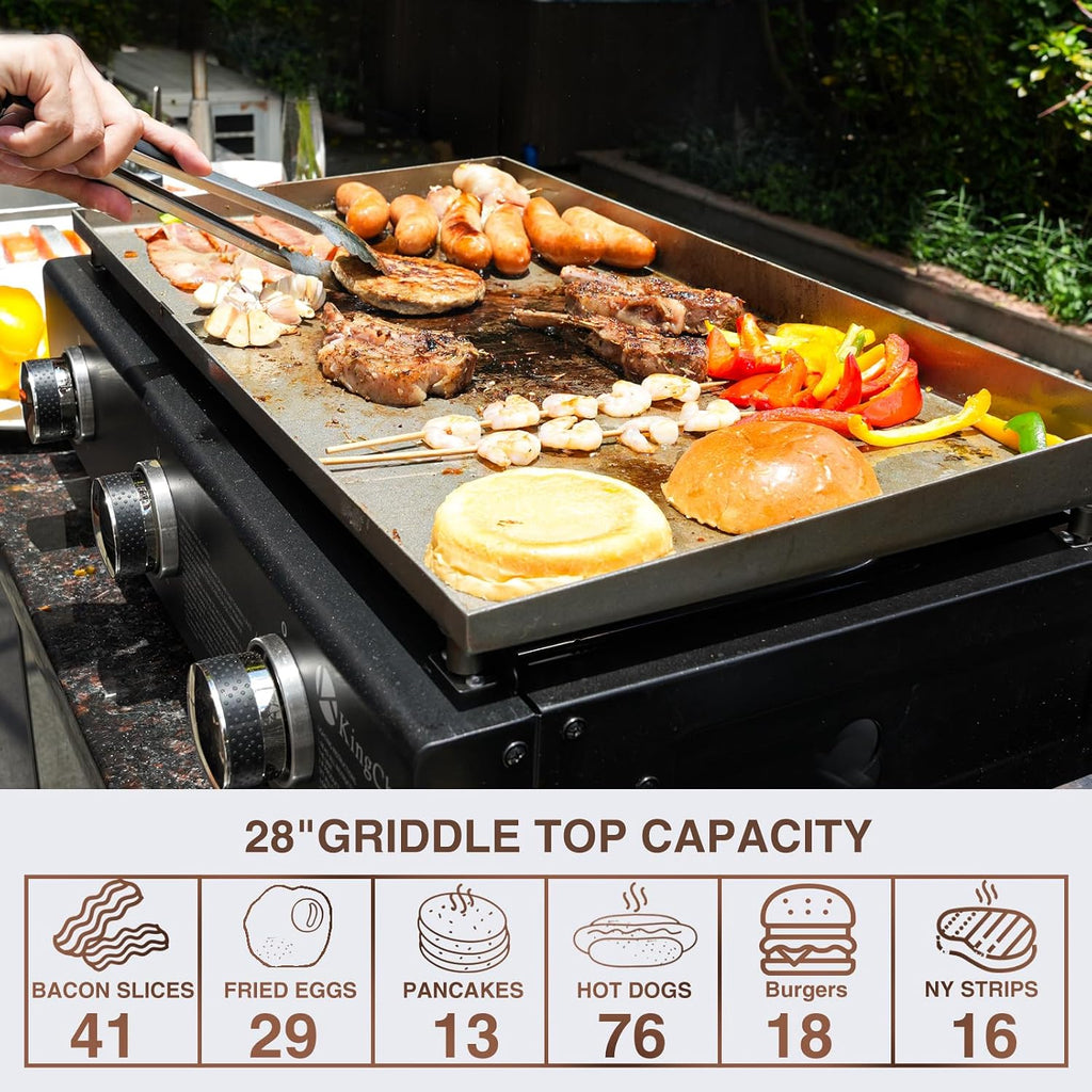 KingChii 28' Tabletop 3-Burner Griddle Portable Gas Grill with Rear Grease Trap, Powder Coated Steel, Black
