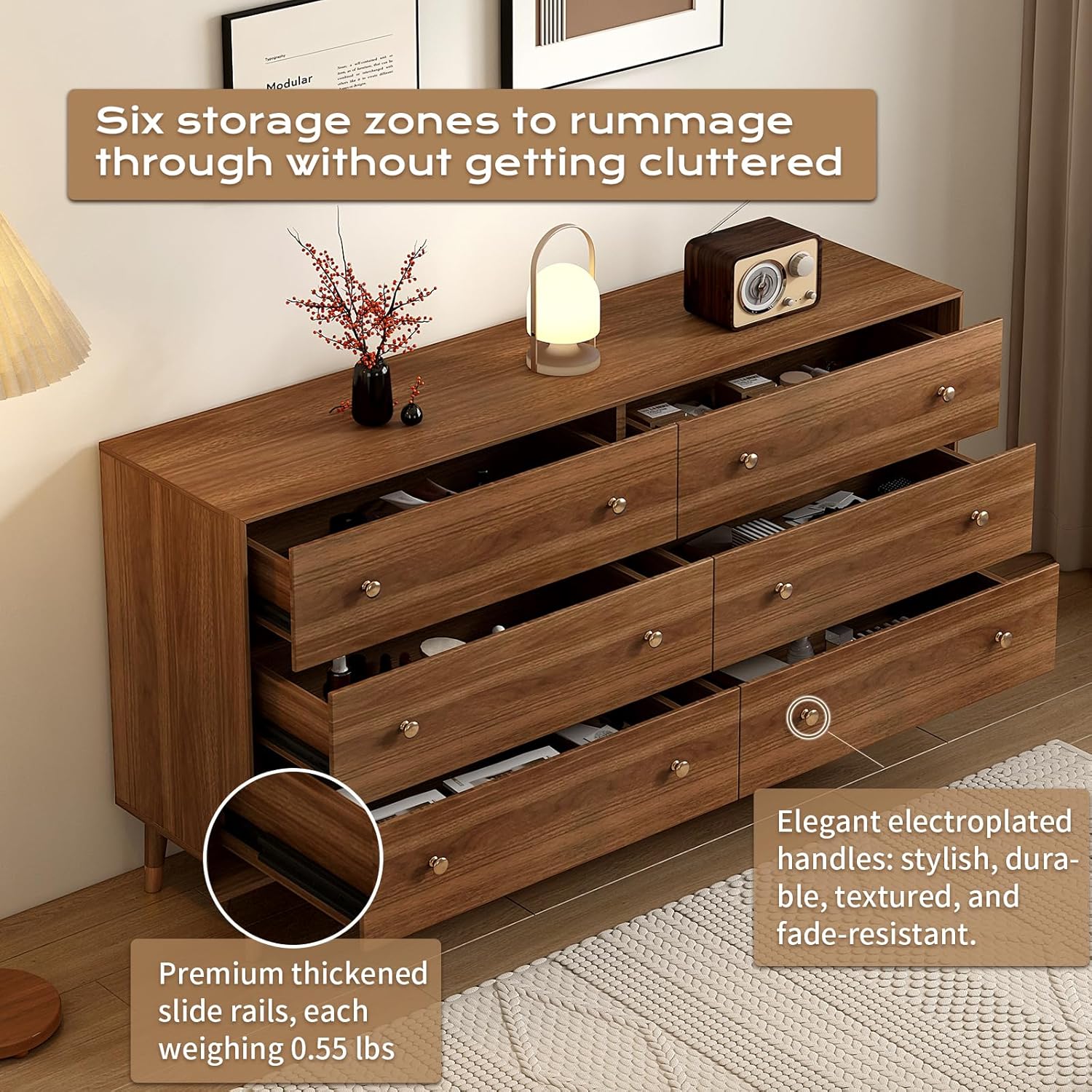 Messenya 6 Drawer Dresser for Bedroom, 55 Inch Walnut Dresser for Closet, Mid Century Wood Chest of Drawers with Natural Texture & Pre-Embedded Slots for TV Stand, Living Room, Hallway, Office