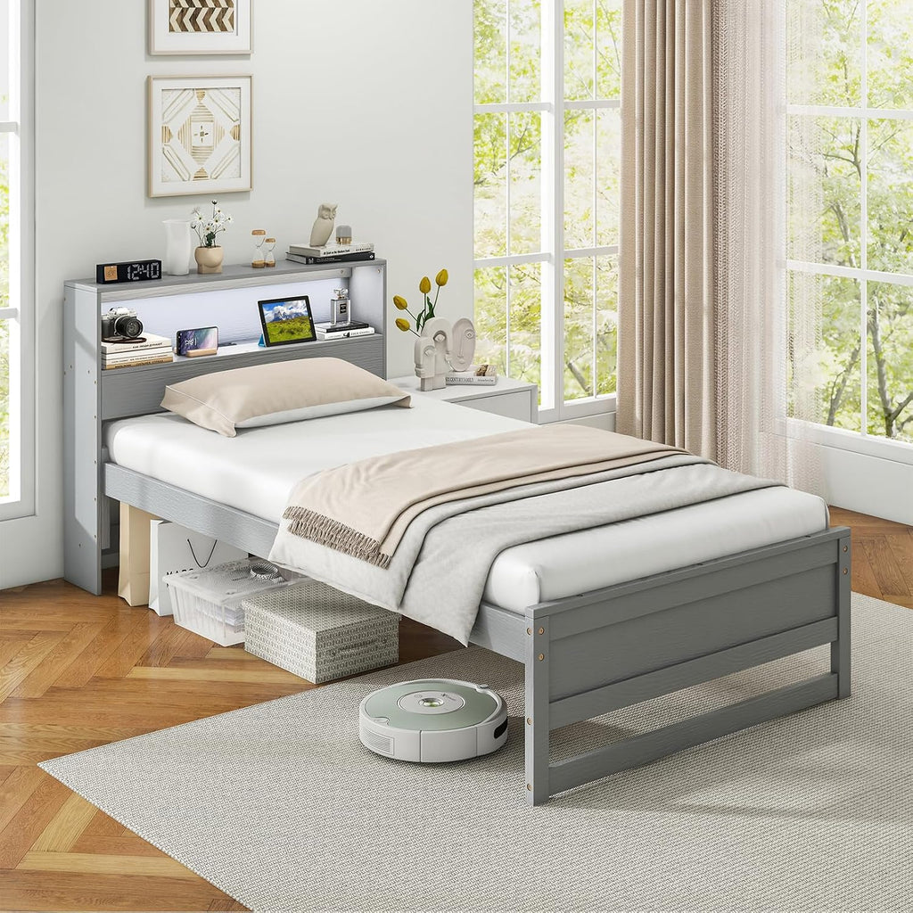 Giantex Twin Bed Frames with Storage Headboard, Wood Platform Bed with Charging Station & LED Light, Single Bed with Slats Support, Under-Bed Space, Twin Bed Frames for Kids Girls Boys (Grey)