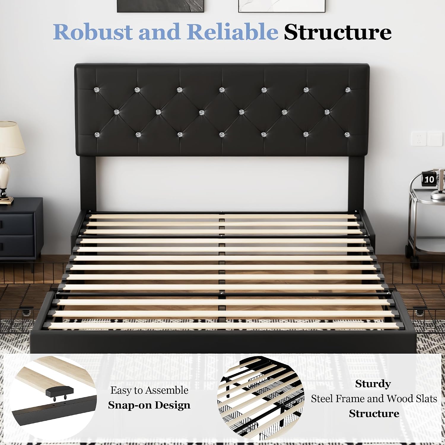 VECELO Queen Size Bed Frame with 3 Storage Drawers, Leather Upholstered with Diamond Tufted Headboard, Solid Wood Slat Support & Steel Framework, PU & Black