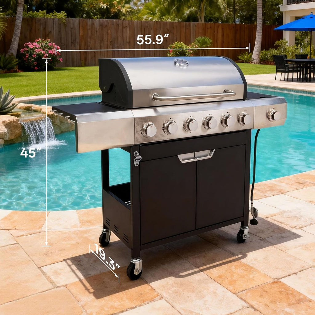 Endark 6-Burner 68,500 BTU Stainless Steel Outdoor Propane Gas Grill with Side Burner & Porcelain Grates | Wheeled BBQ Grill for Patio, Garden, Backyard