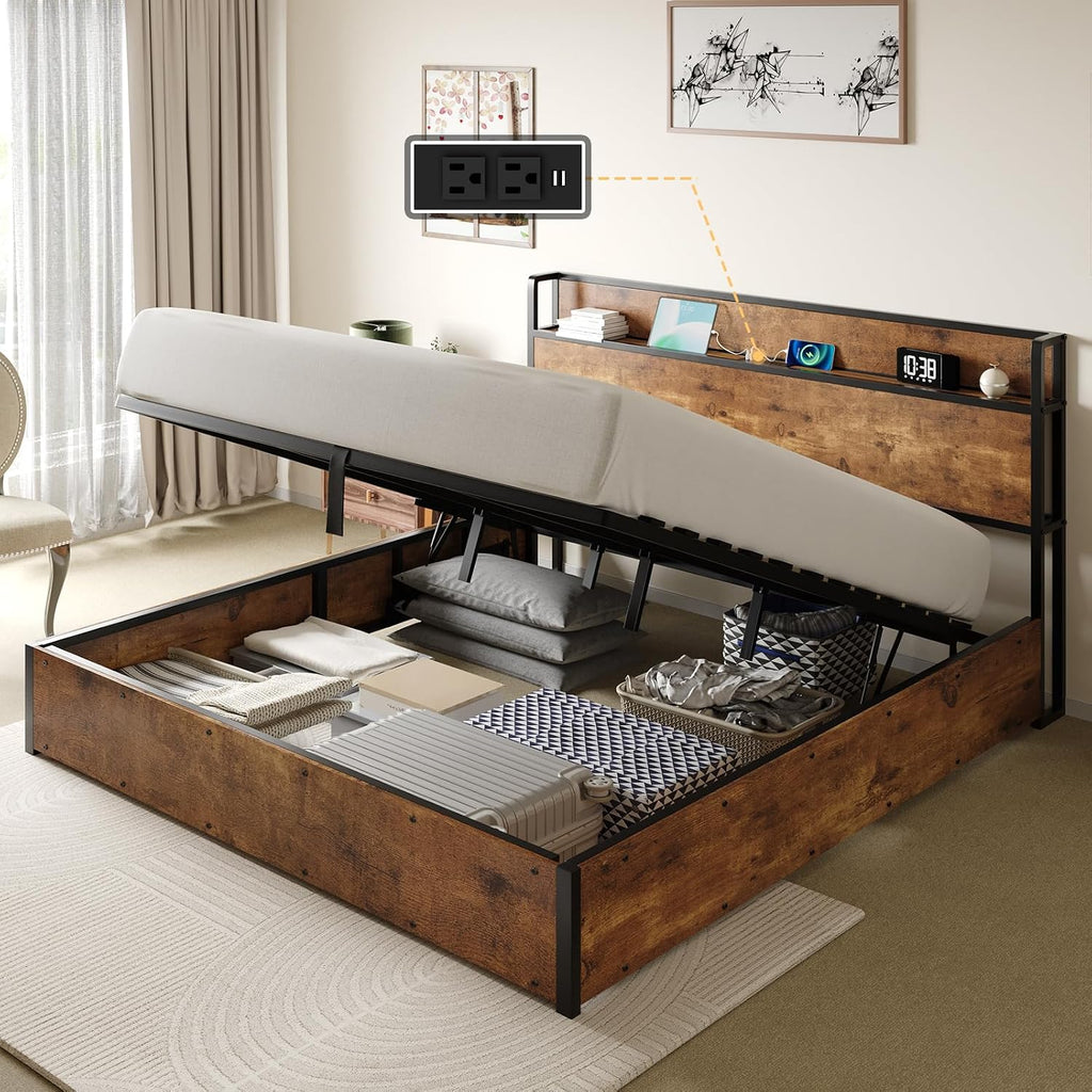 AMERLIFE King Size Lift Up Storage Bed Frame, Wooden Platform Bed Frame with Lifting Storage & Charging Station, No Spring Box Needed/Noise Free, Rustic Brown