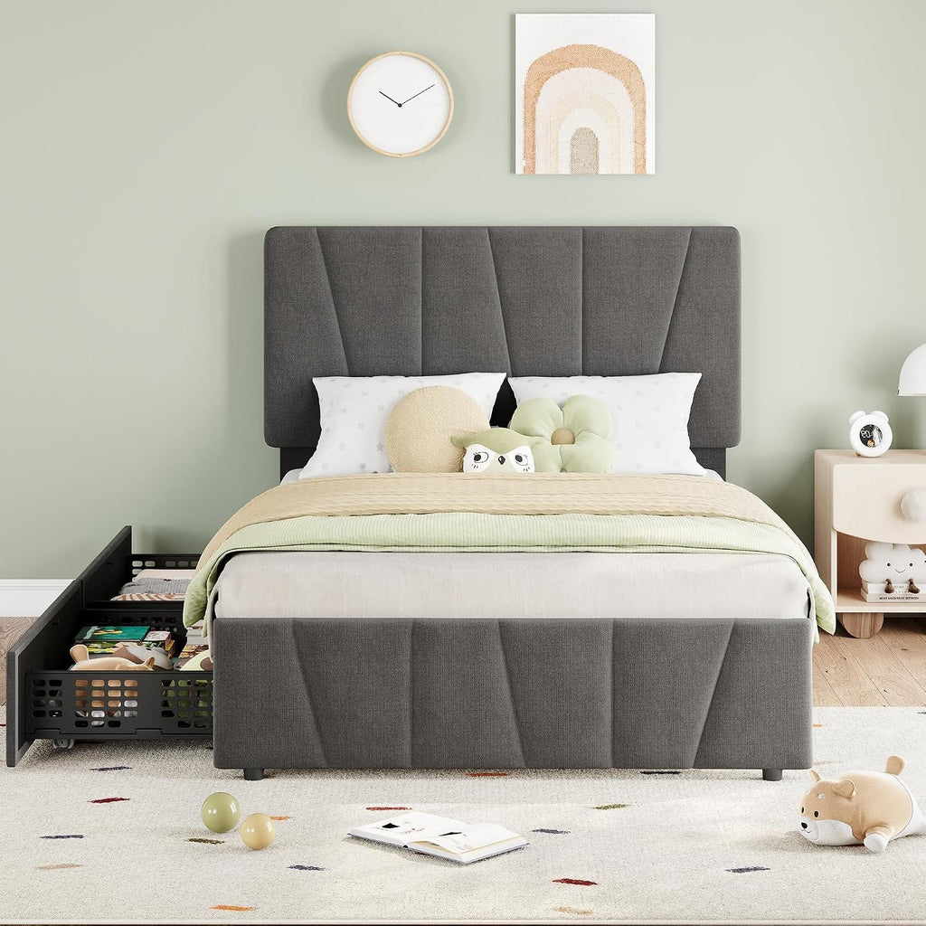 Twin Size Bed Frame with Upholstered Headboard & 2 Storage Drawers with Wheels, Platform Bed Frame with Wooden Slat Support, Adjustable Headboard, No Box Spring Needed, Noise-Free, for Bedroom