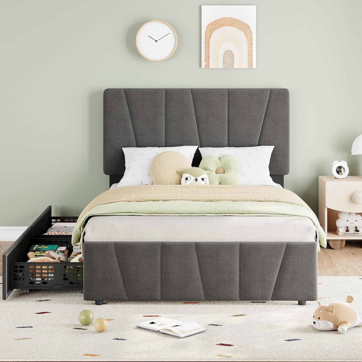 Twin Size Bed Frame with Upholstered Headboard & 2 Storage Drawers with Wheels, Platform Bed Frame with Wooden Slat Support, Adjustable Headboard, No Box Spring Needed, Noise-Free, for Bedroom